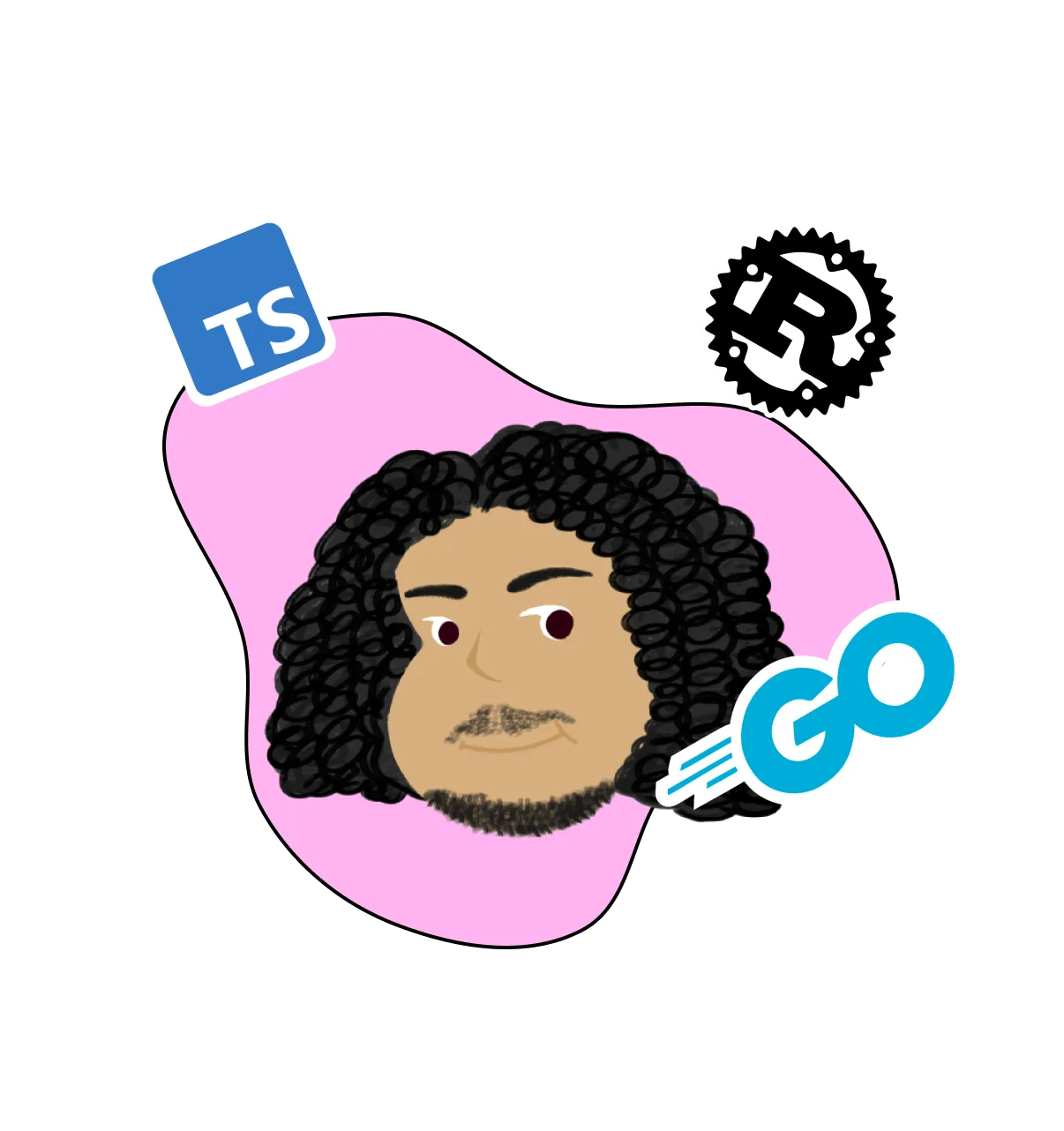 Cartoon avatar of Mustafa surrounded by TypeScript, Rust, and Go stickers